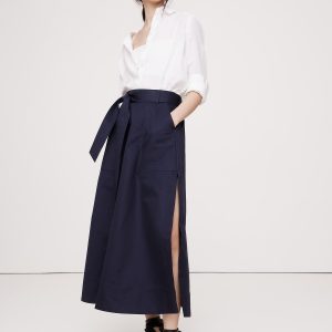Cotton Sateen Side-Slit Maxi Skirt