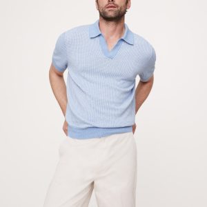 Cotton-Linen Johnny-Collar Sweater Polo