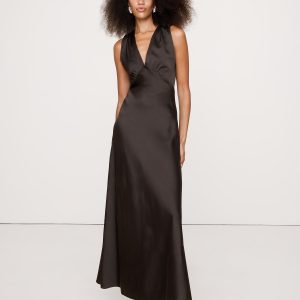 Stretch-Satin Cross-Back Maxi Dress