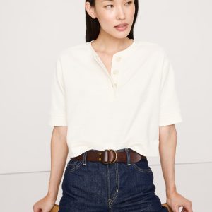 Waffle-Knit Cropped Henley